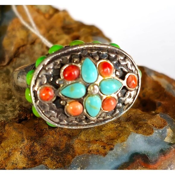 Barse Jewelry - Barse Sterling Silver 925 Bezel Set Blue & Green Turquoise Coral Ring Size 7